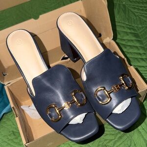 Elegant Navy Blue Women's Mules with Gold Accents